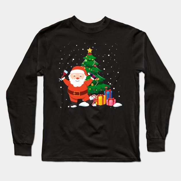 Funny Santa Drinking Wine Christmas Tree Long Sleeve T-Shirt by maximel19722
